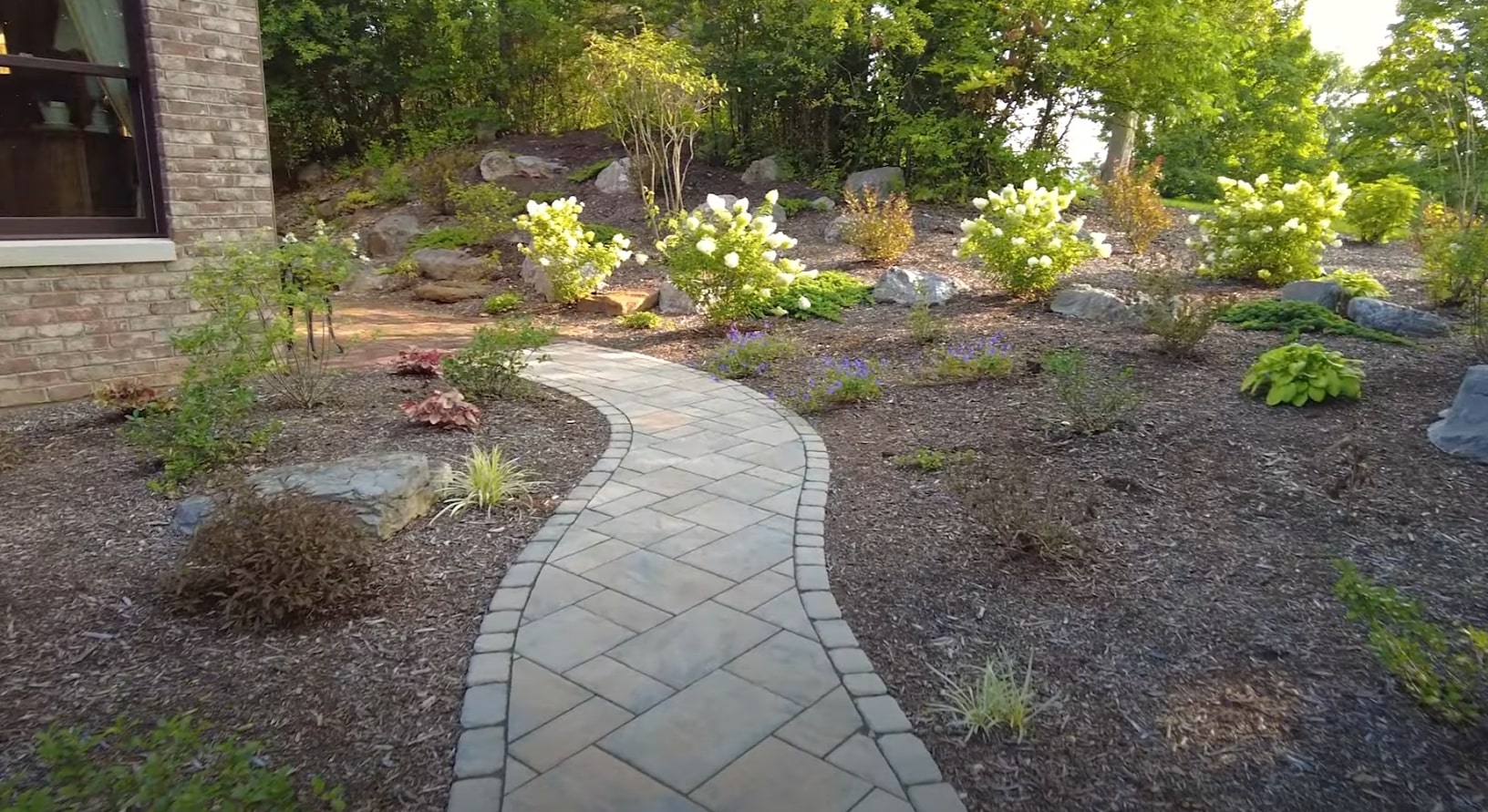Expert Landscape Renovation Services in Santa Monica Professional landscape renovation with curved stone pathway through beautifully maintained garden beds